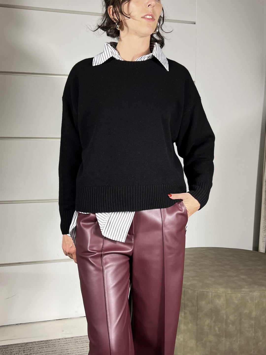 maglione girocollo over con coste 100%lana nero WL788AI25NERO TENSIONE IN