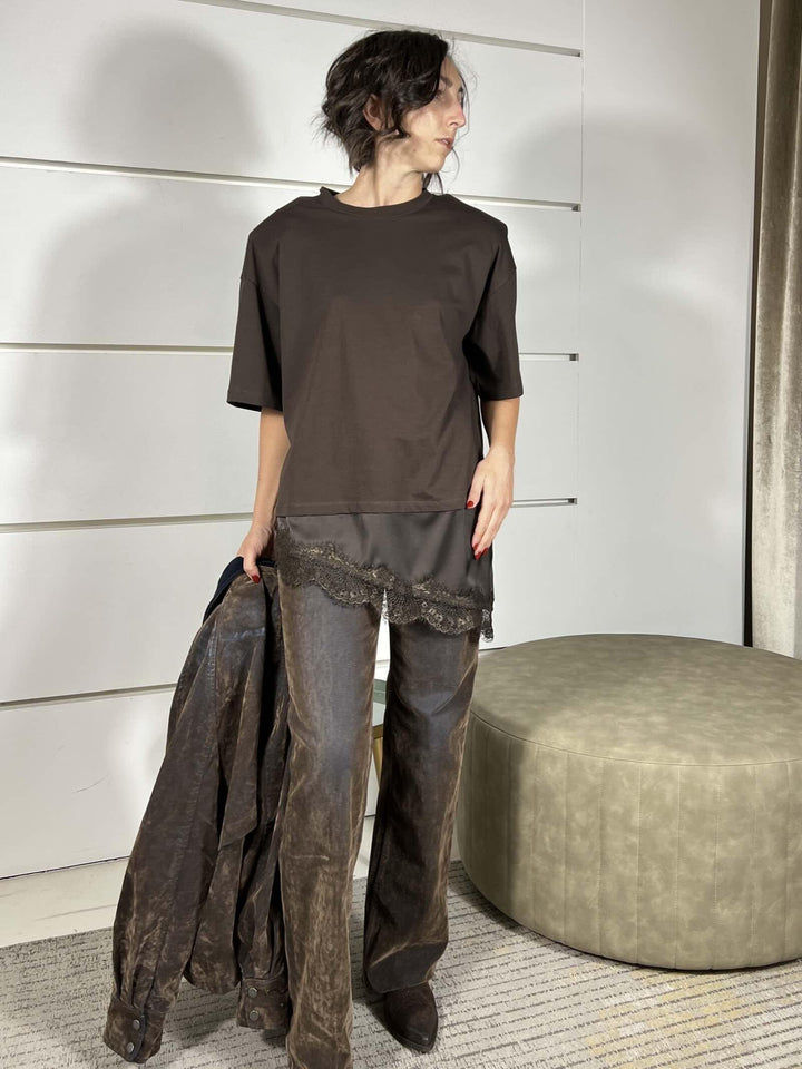 t-shirt moro con spallina e nel fondo inserto satin e in pizzo 26M1026MORO/MORO TENSIONE IN