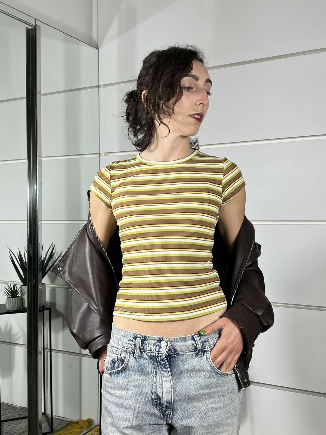 t-shirt a girocollo manica corta a righe colorate marrone 12487BROWN FEMME SELECTION