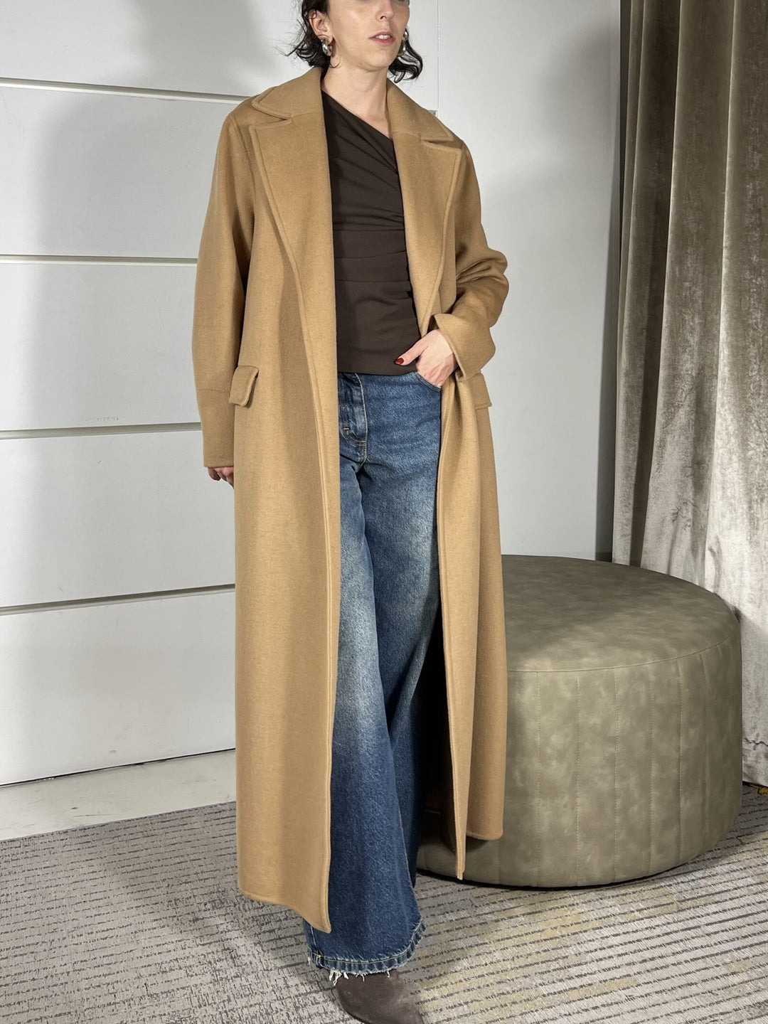 cappotto lungo con cinta e interno tarpuntato hand made 50%wo 50%pl lining 55%pl 45%vi  padding 100%$pl TF0058CAMMELLO VICOLO