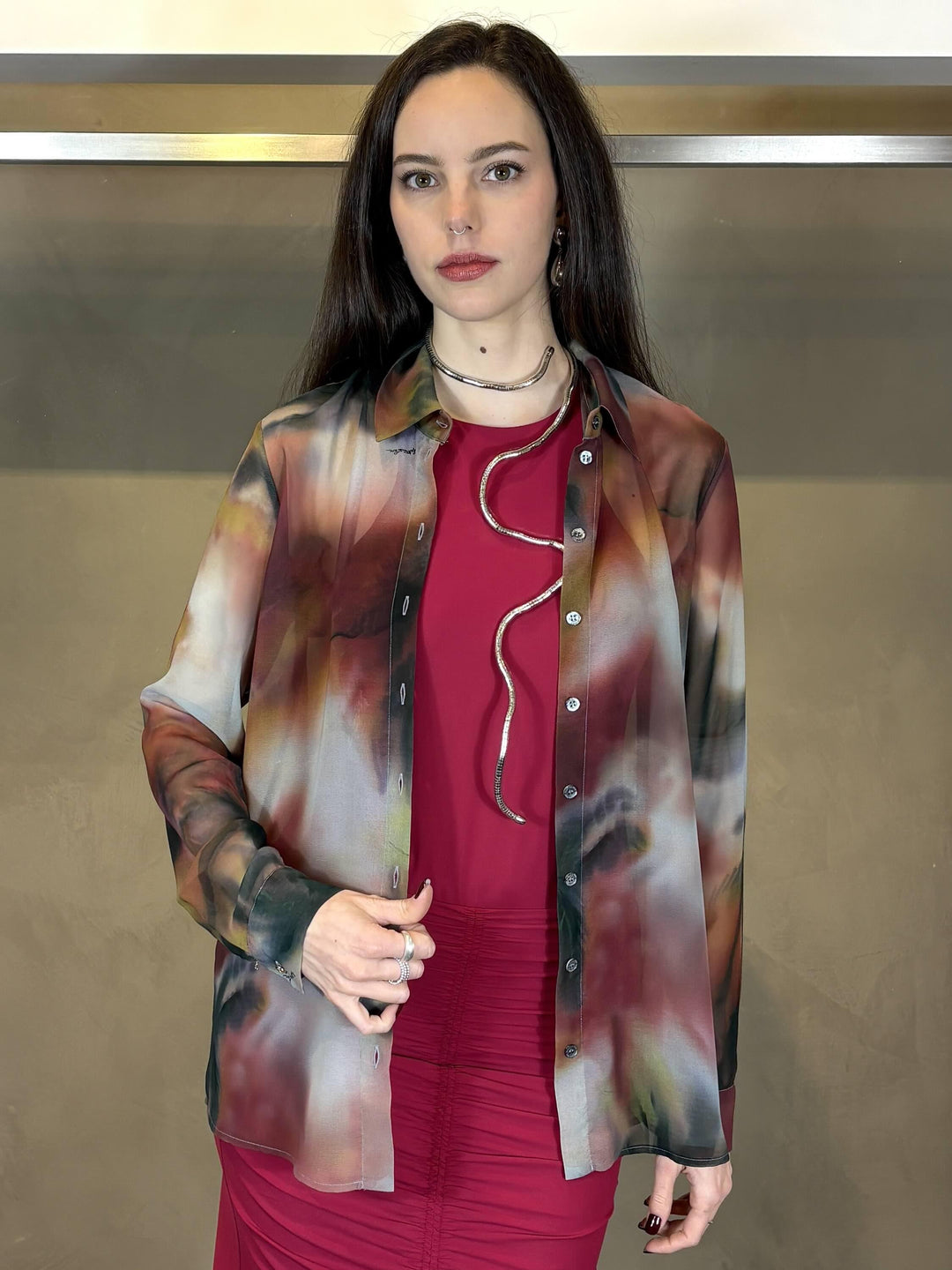 camicia fantasia in georgette semitrasparente bordeaux verde giallo bianco 2C1715A746YA47 PATRIZIA PEPE MAIN