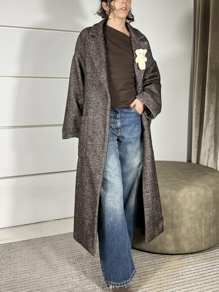 cappotto lungo spinato con cinta moro D01N0697MORO PHILIA LOFT