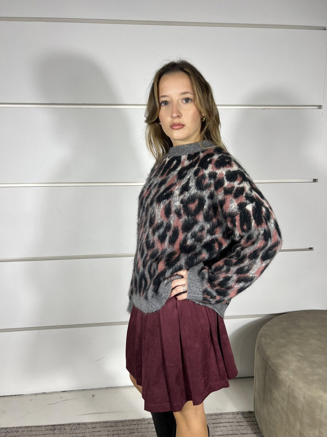 maglione maculato girocollo in misto mohair grigio e rosa D80996ROSA TENSIONE IN