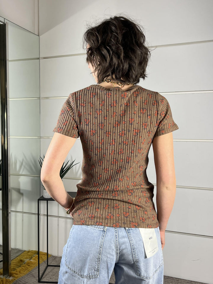 t-shirt a coste con fiori cammello TJS-Q079CAMMELLO HAVE ONE