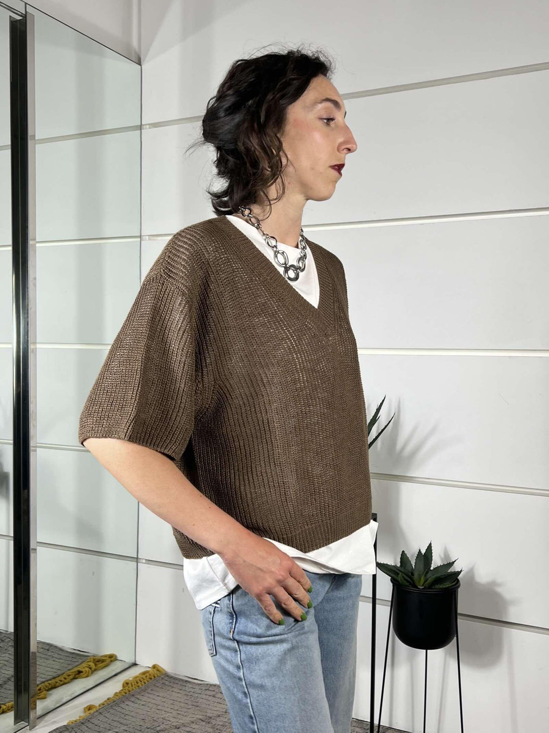 maglia cioccolato con scollo a v manica a 3/4 misto viscosa XL25265CIOCCOLATO TENSIONE IN