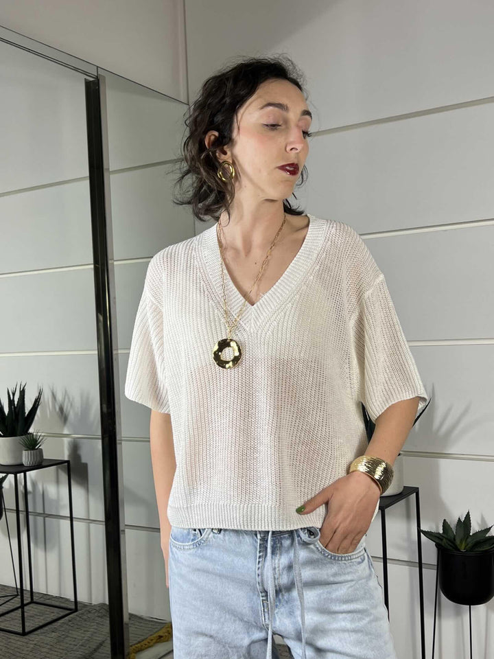 maglia panna con scollo a v manica a 3/4 misto viscosa XL25265PANNA TENSIONE IN