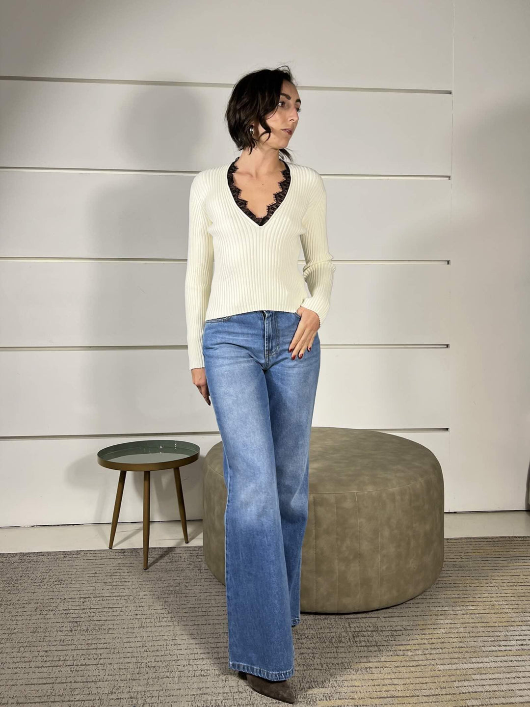 maglia scollo a v con pizzo a coste white W5HMJ54A418WHITE TENSIONE IN