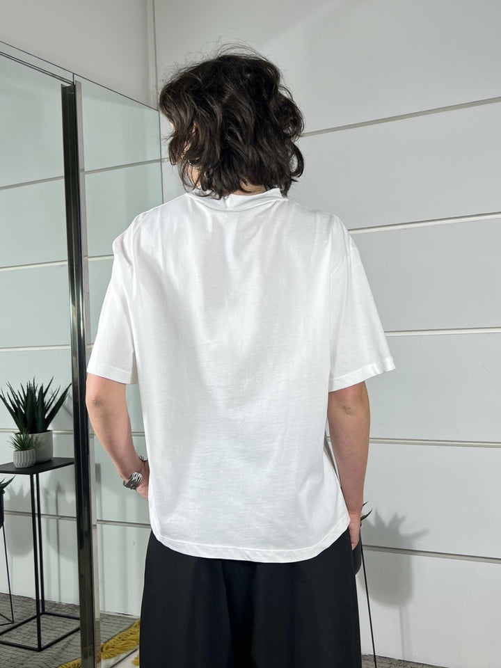t-shirt girocollo bianca manica corta con tasca con paillettes argento PE260112PANNA TENSIONE IN