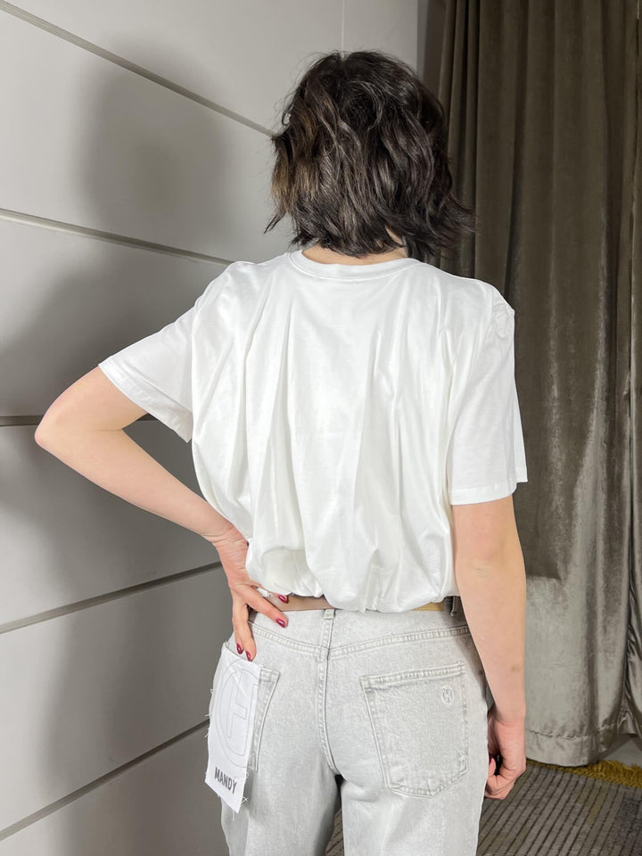 t-shirt bianca manica corta modello a scatoletta con elastico e arricciatura sul fondo TAB0854BIANCO VICOLO