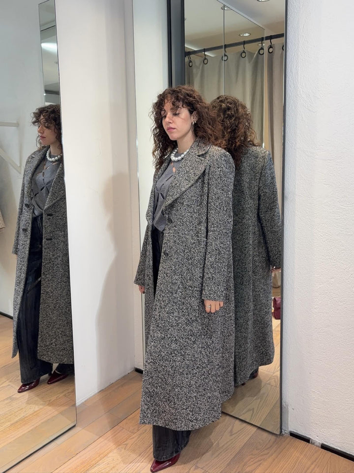 cappotto lungo in tweed nero blu panna KASTEL003 PENNYBLACK BLACK