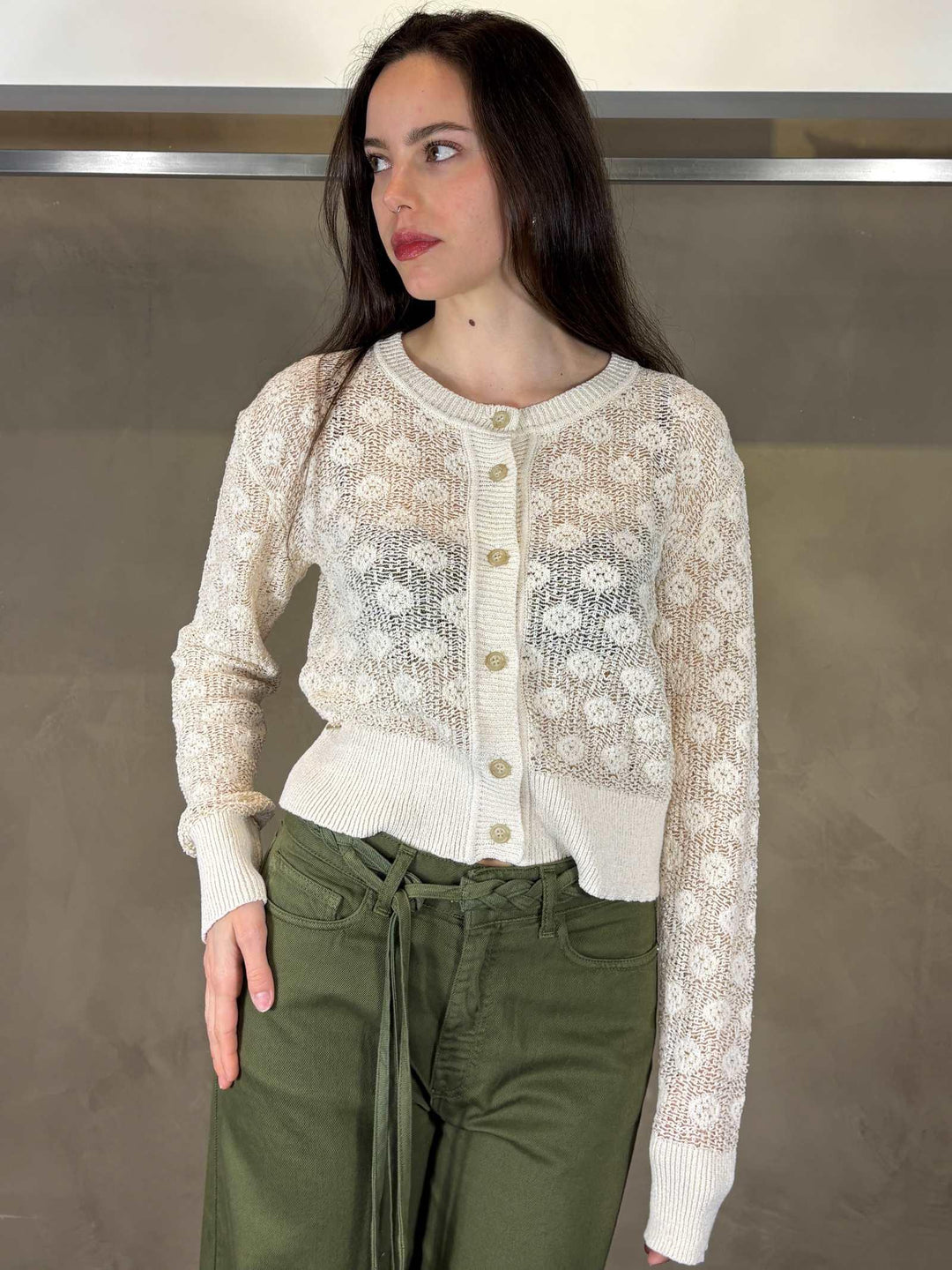 Cardigan traforato avorio con disegno M506CTMA148 MANILA GRACE
