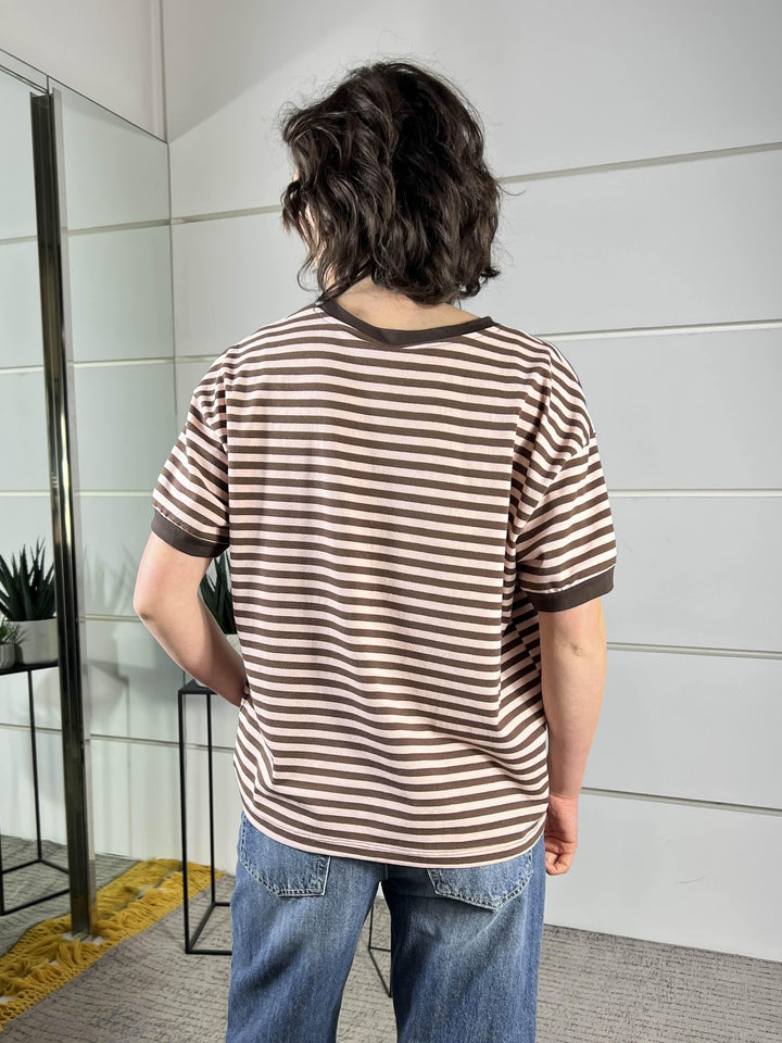 t-shirt girocollo a righe, manica corta rosa e moro 26M4121ROSA/MORO TENSIONE IN