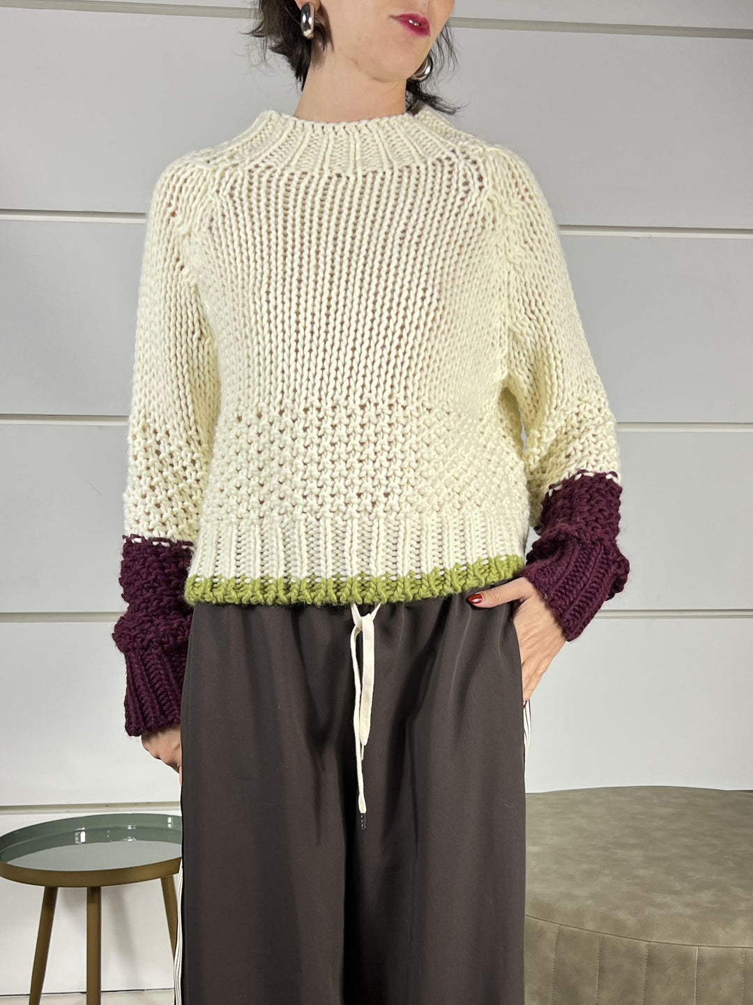 maglione con bordo nel fondo a contrasto panna 95573PANNA SUSY MIX