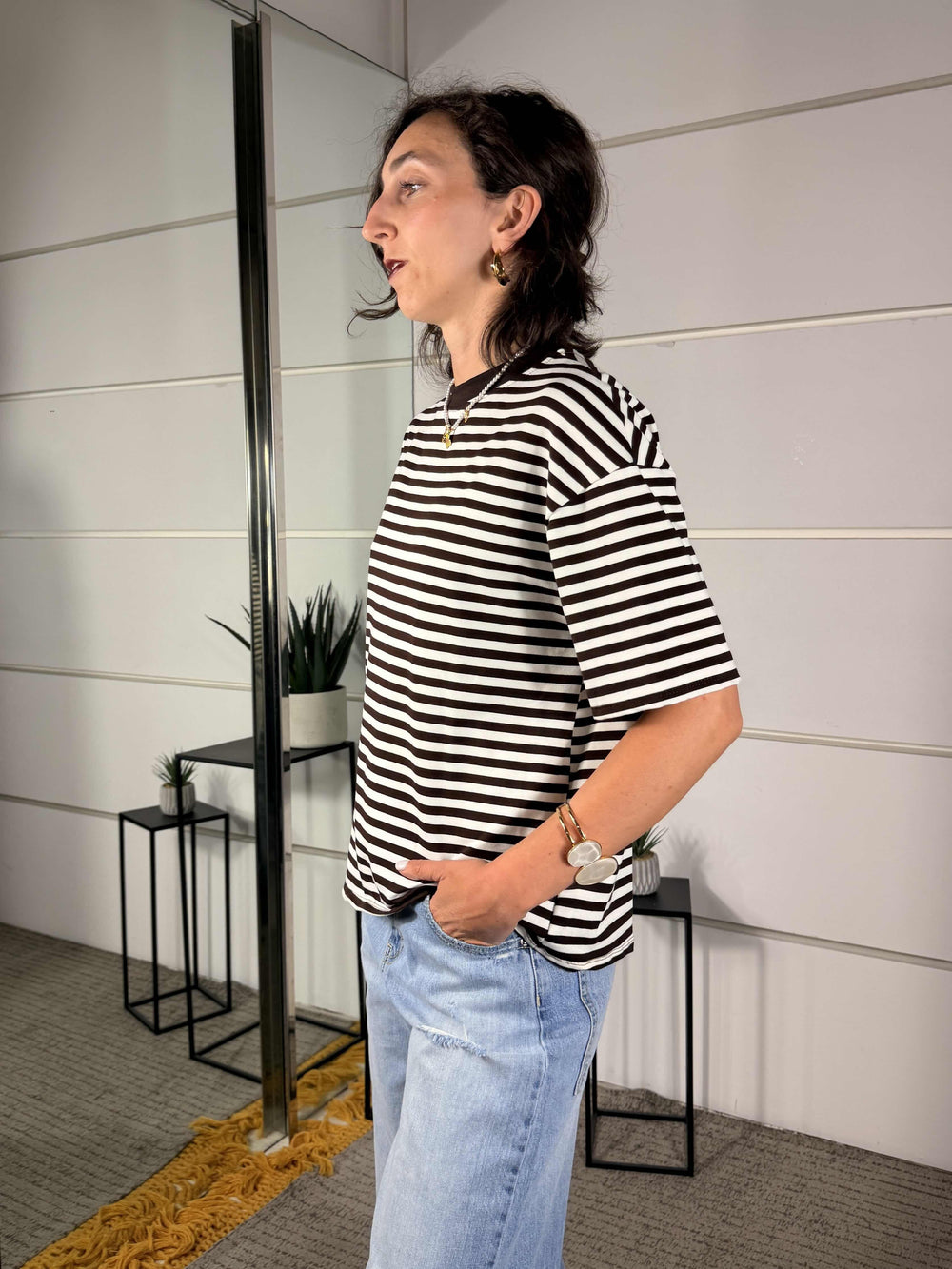 t-shirt a righe girocollo manica corta marrone beige 10060MARRONE/BEIGE SPICY CAFE