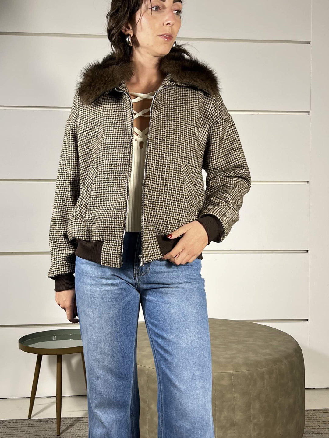 bomber check in misto lana con collo in pelliccia staccabile 51497MORO SUSY MIX