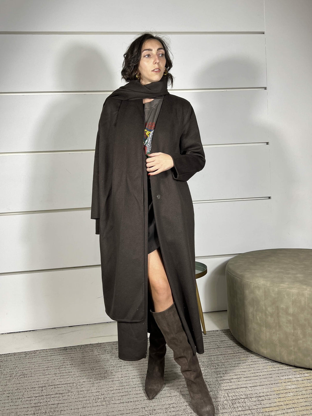 cappotto moro lungo con sciarpa integrata 50% lana hand made TF0060MORO VICOLO