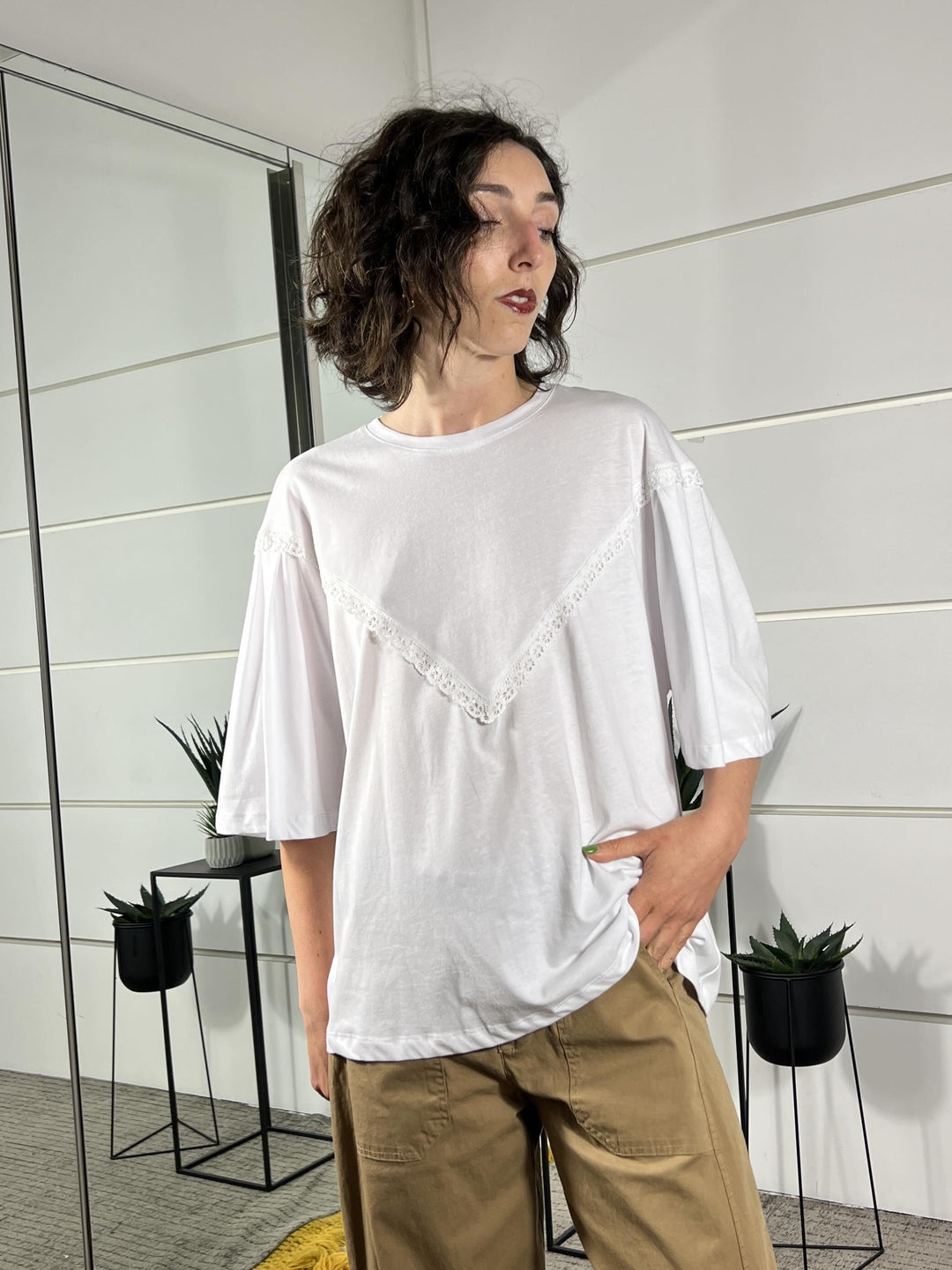 t-shirt bianca  manica corta con inserto in pizzo 26M4711BIANCO TENSIONE IN