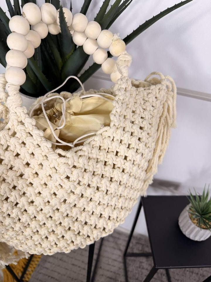 borsa in corda con frange e perle beige CE-2502BEIGE FEMME CAFE SELECTION