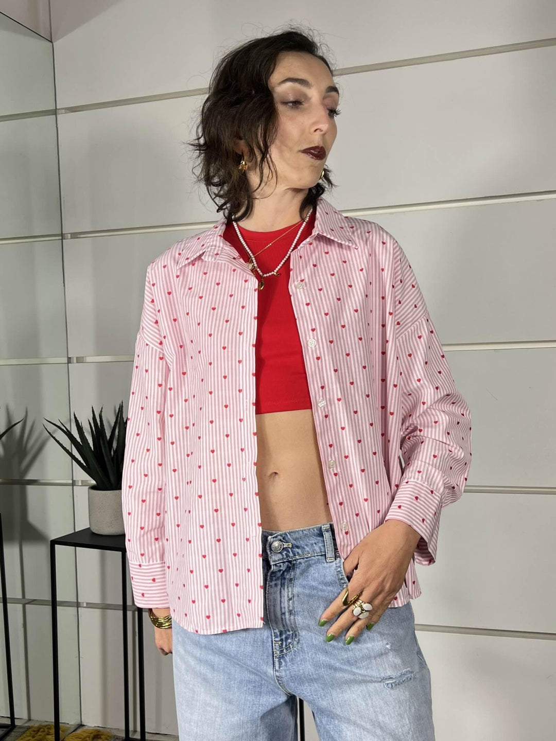camicia a righe bianca e rosa con cuori rossi 0065CUORI/ROSA SPICY CAFE