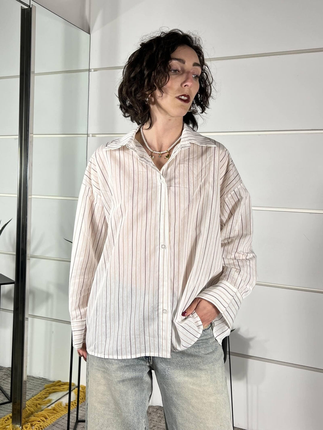 camicia over gessata in viscosa latte C1051PY22LATTE SUSY MIX