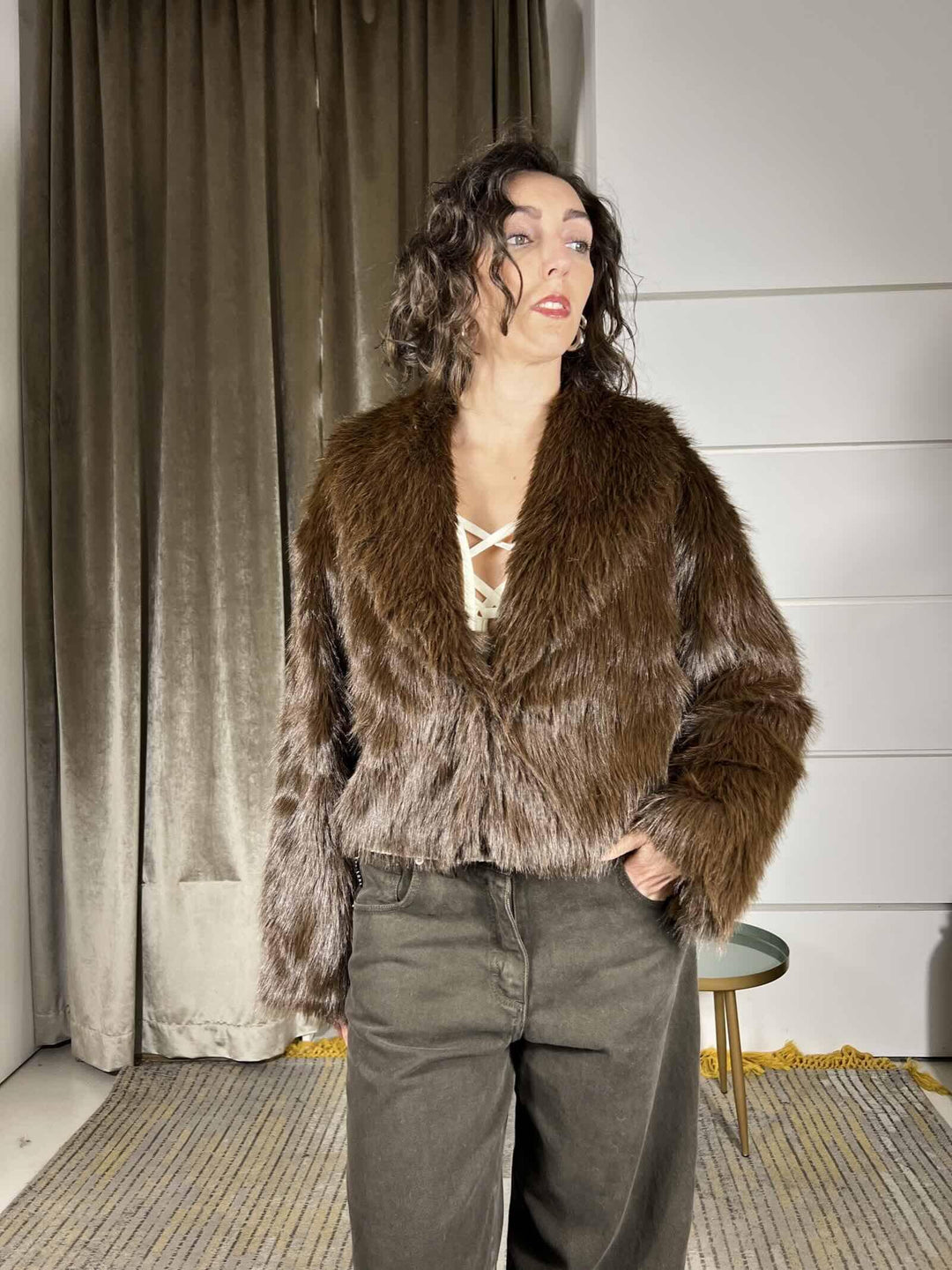 ecopelliccia corta collo sciallato moro KDY-P035MORO HAVE ONE