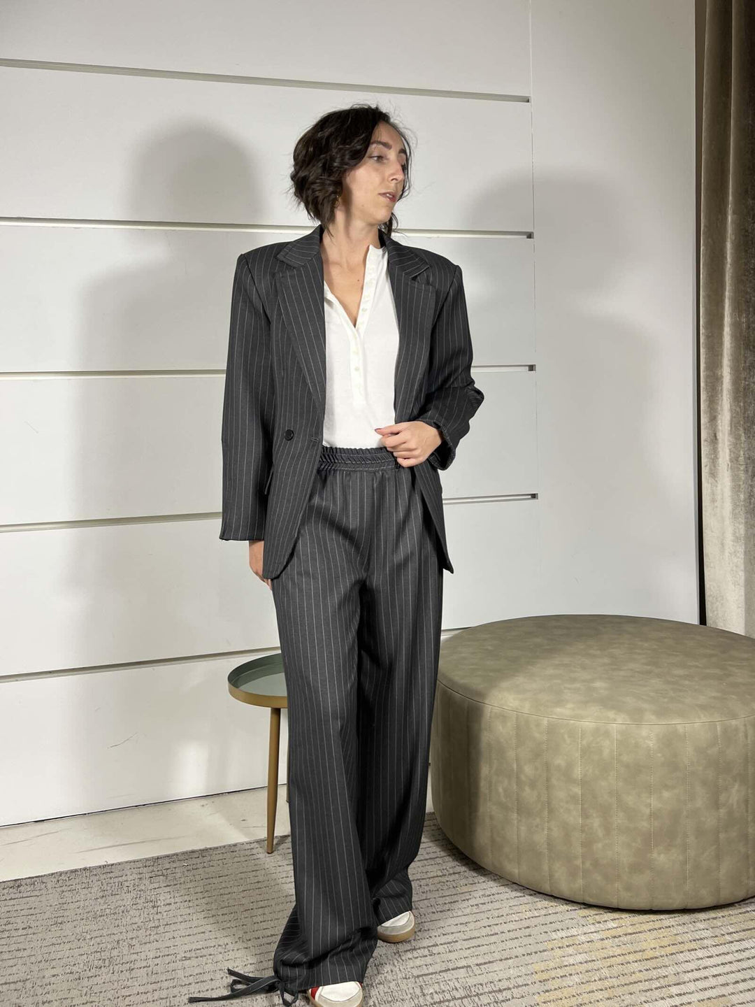 pantalone a palazzo gessato grigio TF0997GRIGIO SCURO VICOLO