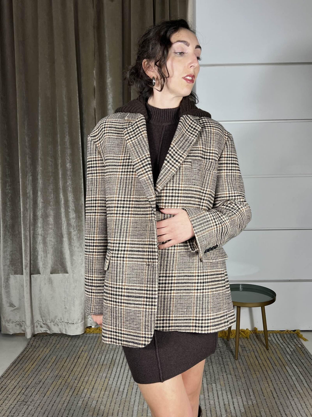 giacca cappotto pied de poule con cappuccio in maglia staccabile TF2084MORO/BURRO/BRUCIATO VICOLO