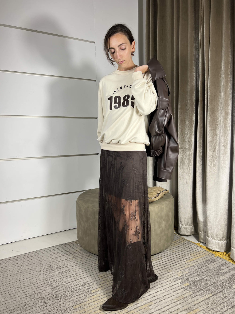 GONNA LUNGA IN PIZZO MORO FW250024MORO TENSIONE IN