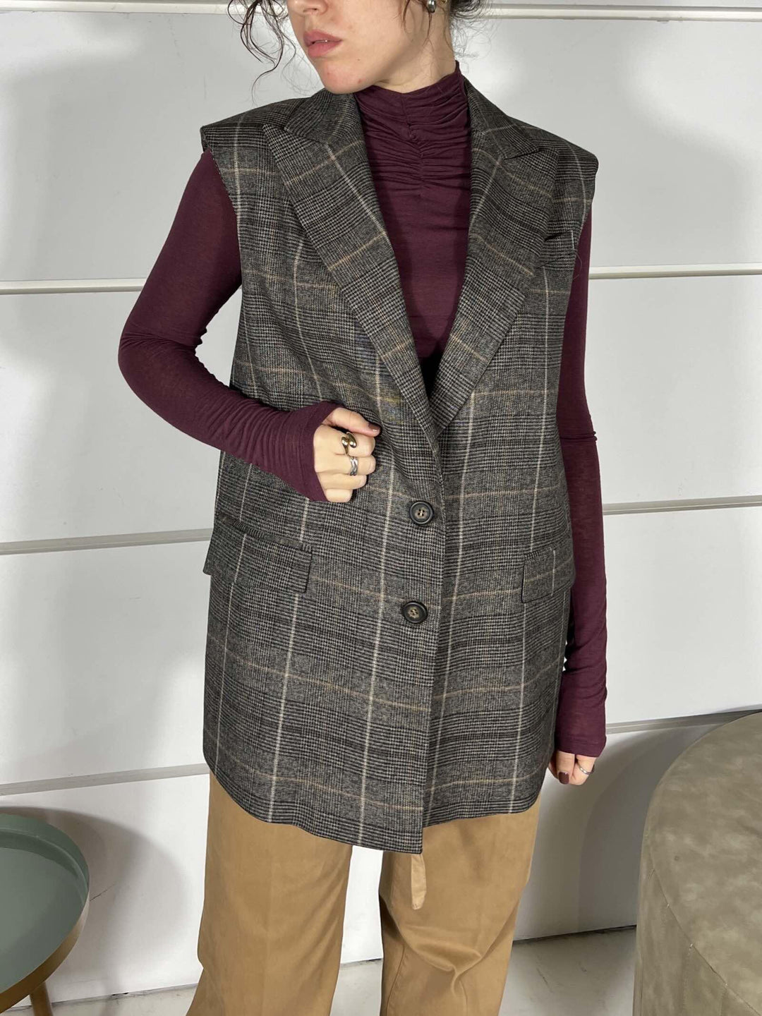 GILET LUNGO CHECK G137PQMG603CAFFE MANILA GRACE