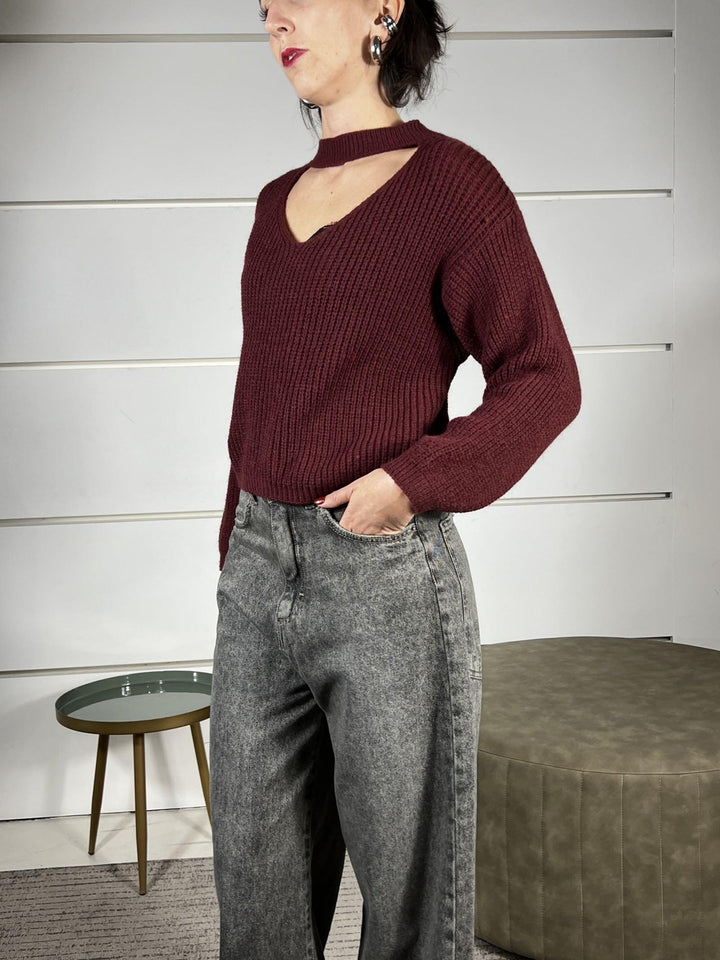 maglione con cut out e collettino vino 25512VINO SUSY MIX