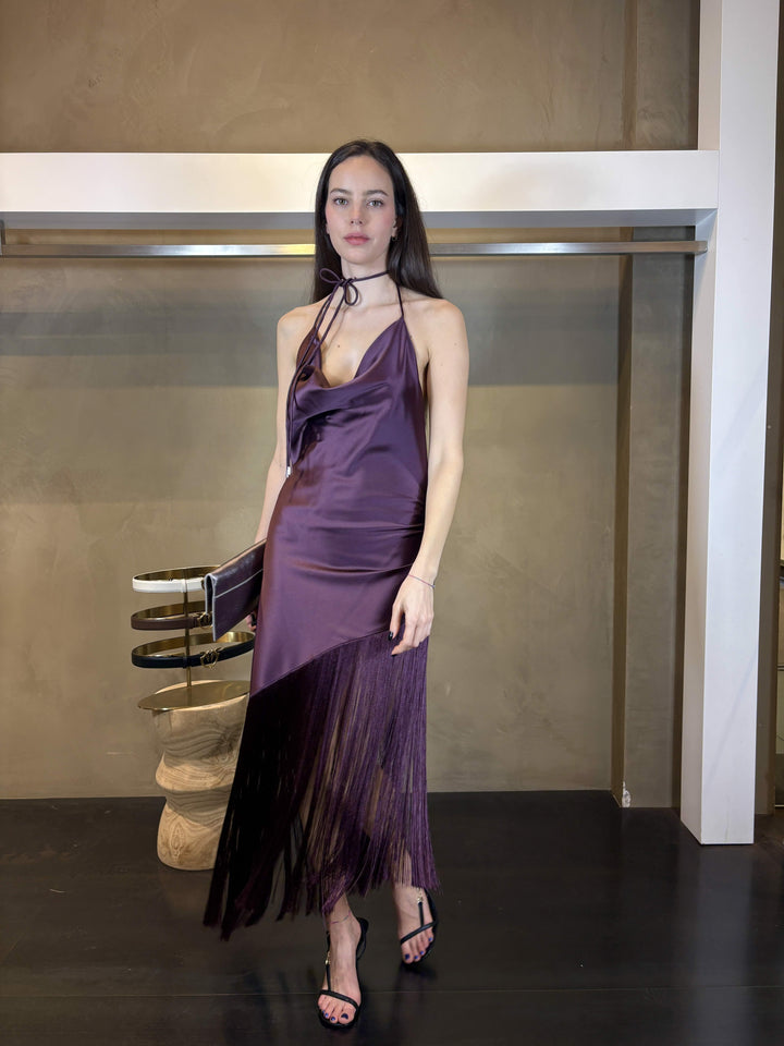 abito satin con frange bordeaux vino UVAR57 PINKO