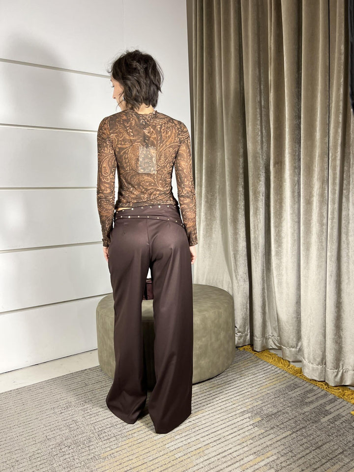 pantalone a palazzo con cintura con borchie moro PVS-P281MORO HAVE ONE
