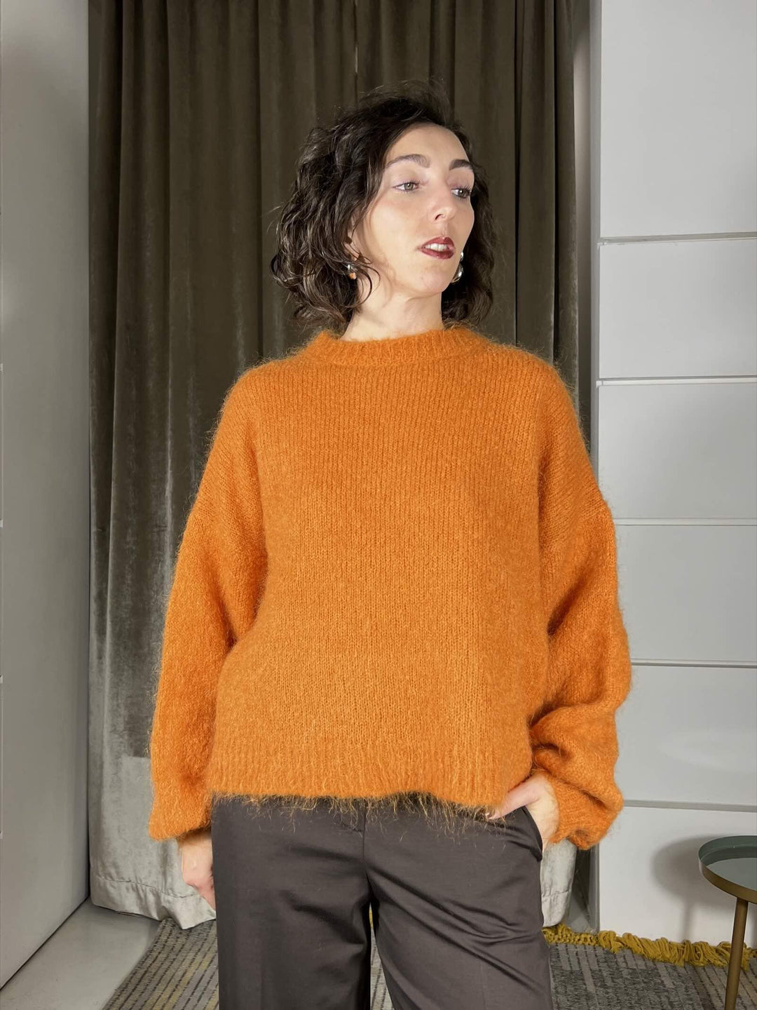 maglione girocollo over manica a palloncino in mohair arancio 252PA9393ARANCIO TENSIONE IN