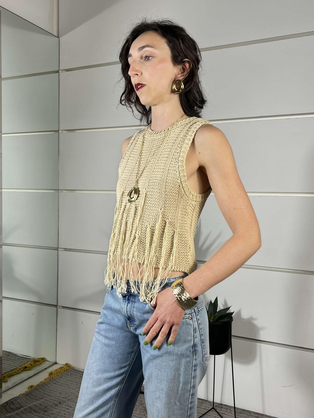 gilet con frange burro in cotone 3AB3024BURRO 04 VICOLO