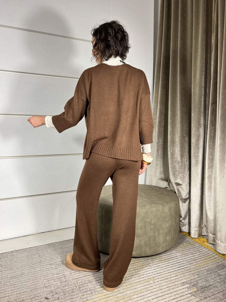 completo cioccolato maglia e pantalone a palazzo in calda viscosa LN871325MORO SUSY MIX