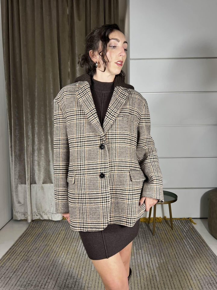 giacca cappotto pied de poule con cappuccio in maglia staccabile TF2084MORO/BURRO/BRUCIATO VICOLO