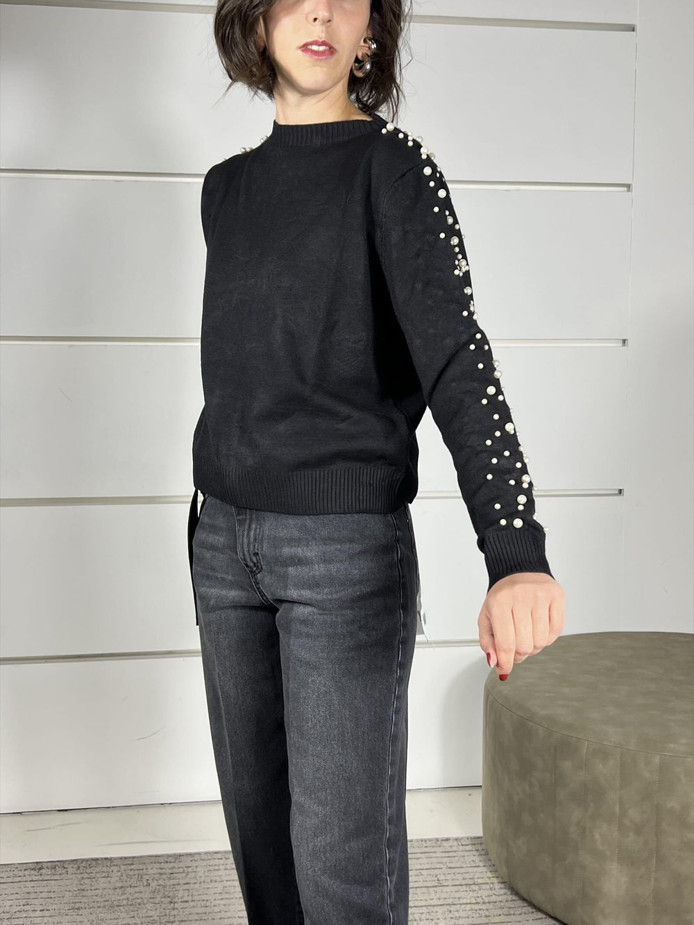 maglia scollo barca con perle maniche MAZ-P109NERO HAVE ONE
