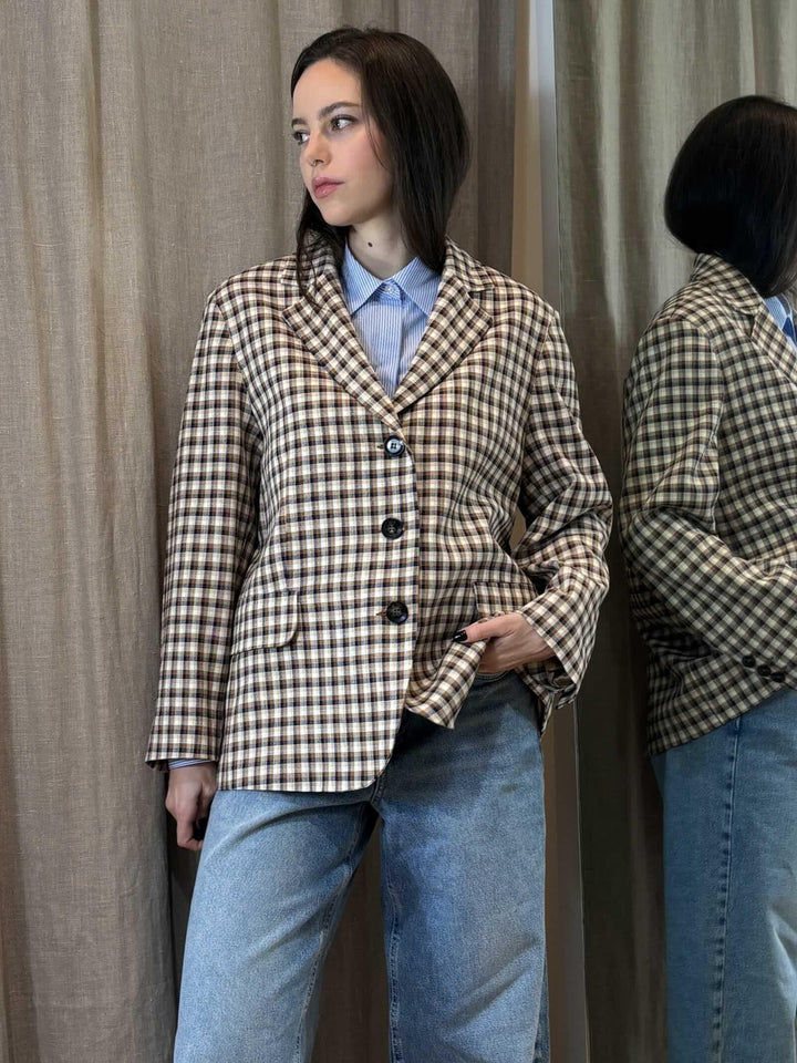 blazer over check panna cuoio blu GHIOTTO005 iBLUES