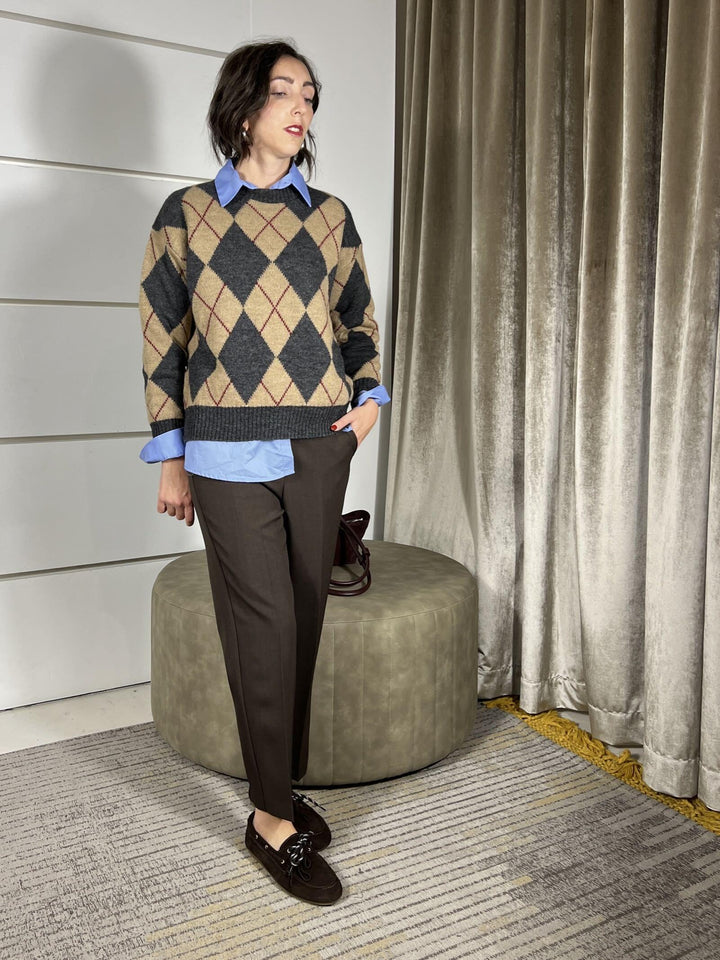 maglione girocollo con rombi grigio e cammello in misto lana 77289FGRIGIO/CAMMELLO VICOLO