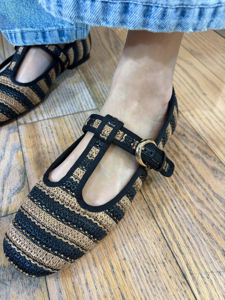 ballerine in rafia con fibbie bicolor nero e cuoio GAMBERO001 iBLUES