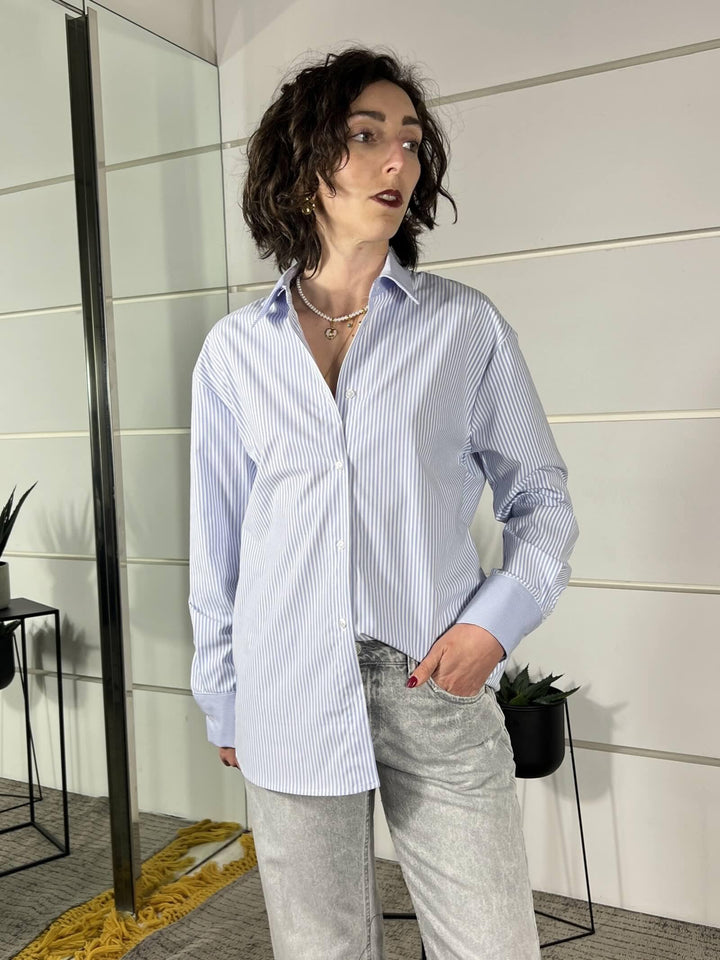 camicia a righe in misto cotone 26C3838CELESTE TENSIONE IN