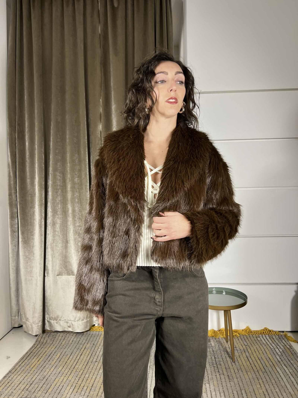 ecopelliccia corta collo sciallato moro KDY-P035MORO HAVE ONE