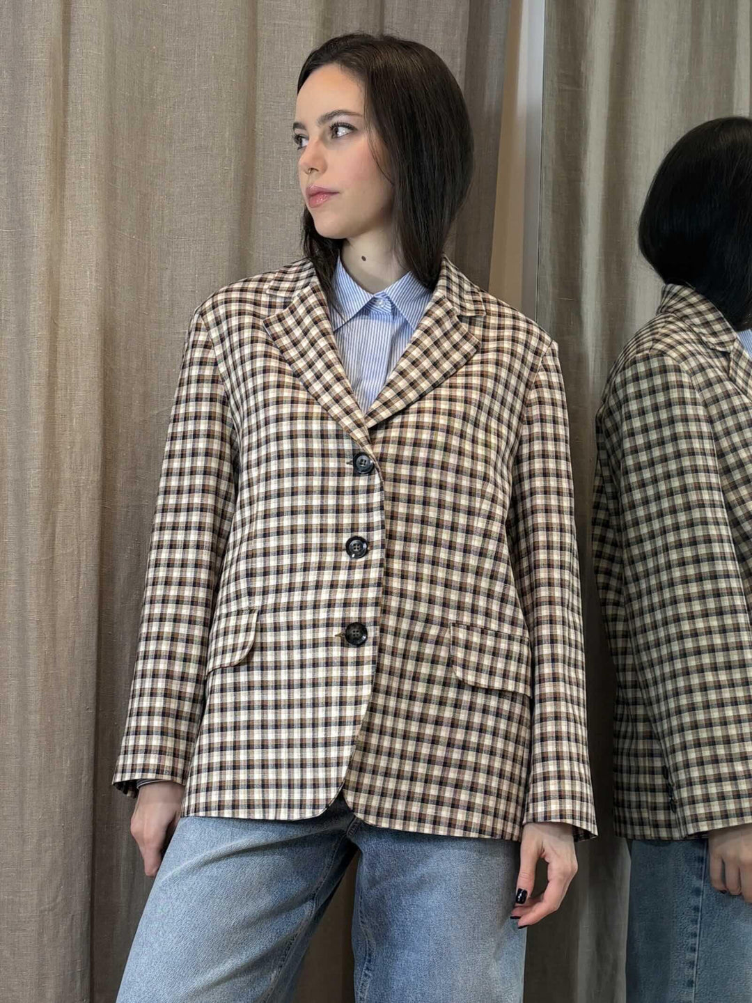 blazer over check panna cuoio blu GHIOTTO005 iBLUES