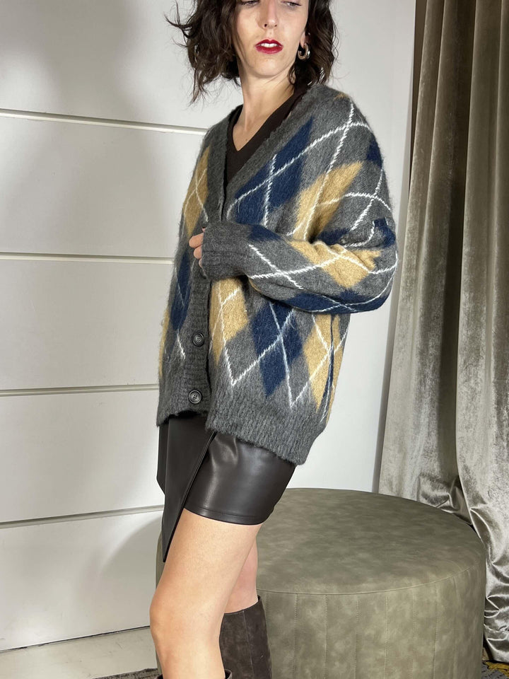 cardigan con rombi scollo v over misto lana blu e cammello D80999BLU/CAMMELLO TENSIONE IN