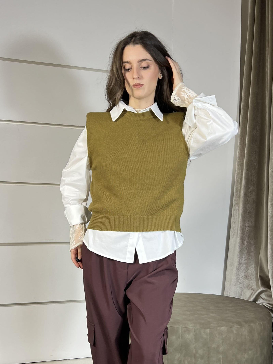 gilet girocollo con spallinaolio D80088OLIO TENSIONE IN