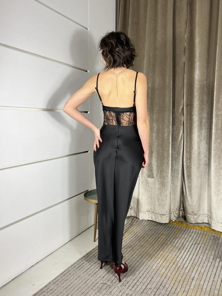 abito lungo satin con inserto a corsetto in pizzo nero AVS-P071NERO HAVE ONE