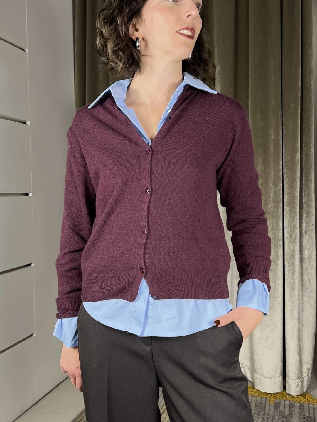 cardigan girocollo con bottoncini bordeaux D82083BORDEAUX TENSIONE IN