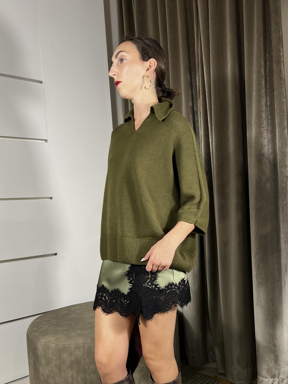 MAGLIONE A POLO OLIO OVER D80886OLIO TENSIONE IN