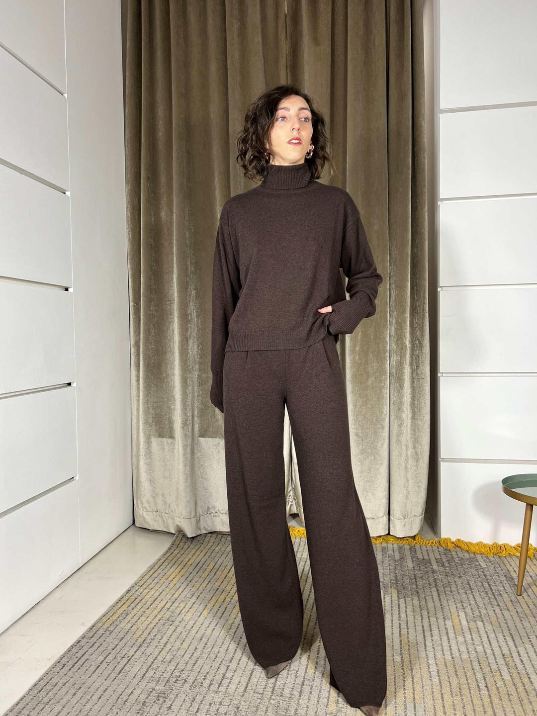 pantalone a palazzo con elastico in vita misto lana moro 22107FMORO VICOLO