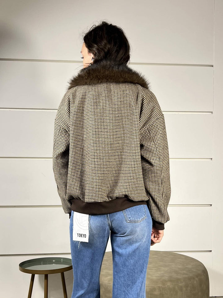 bomber check in misto lana con collo in pelliccia staccabile 51497MORO SUSY MIX